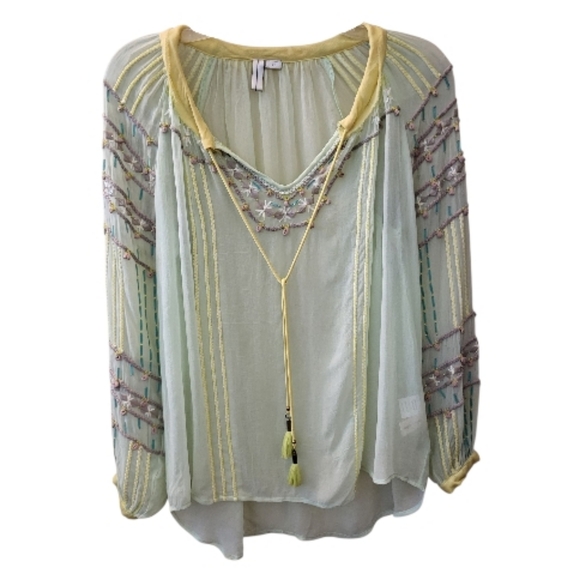 Blank London Tops - Blank London Pale Green and Yellow Sheer Embroidered Peasant Blouse - Size XS